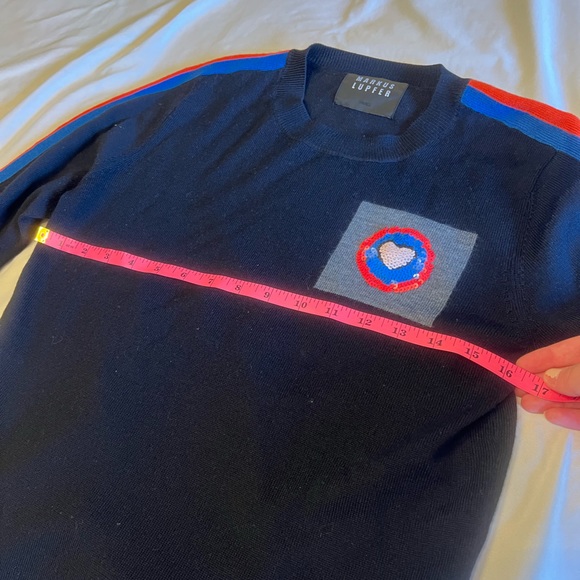 Markus Lupfer Navy Sweater with Colorful Stripes Small - Picture 6 of 7